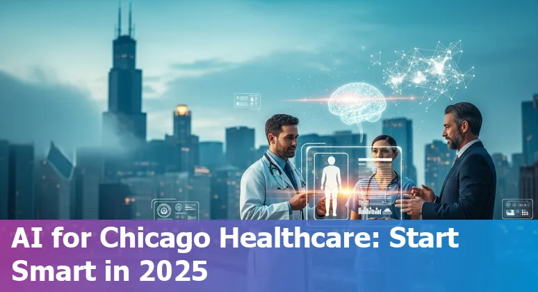 Healthcare AI concept with Chicago skyline, showing AI icons and hospital silhouette in Chicago, Illinois