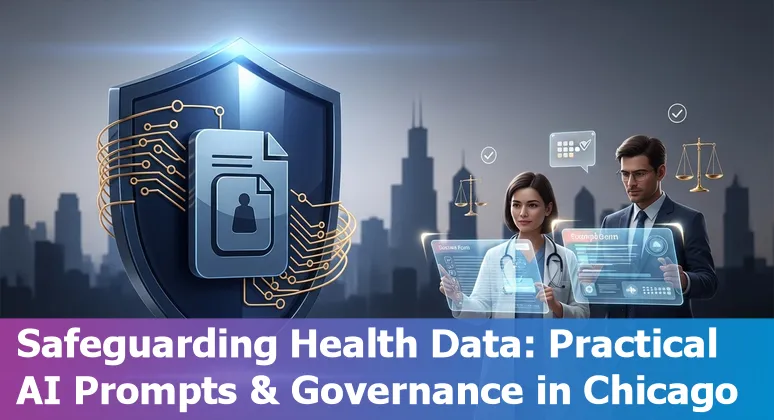 Healthcare worker using AI tools alongside Chicago skyline; icons for Dax Copilot, Ada Health, Merative, and UIC project.