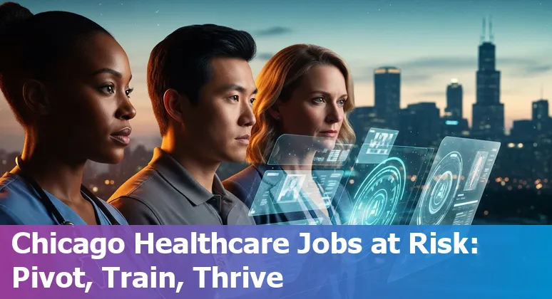 Chicago healthcare workers reviewing AI tools with hospital skyline in background