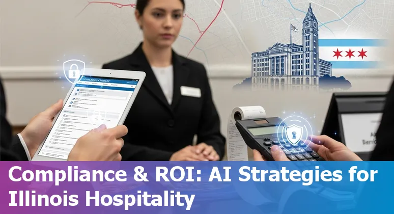Hotel staff using AI tools and smart room tech in a Chicago, Illinois hotel in 2025.