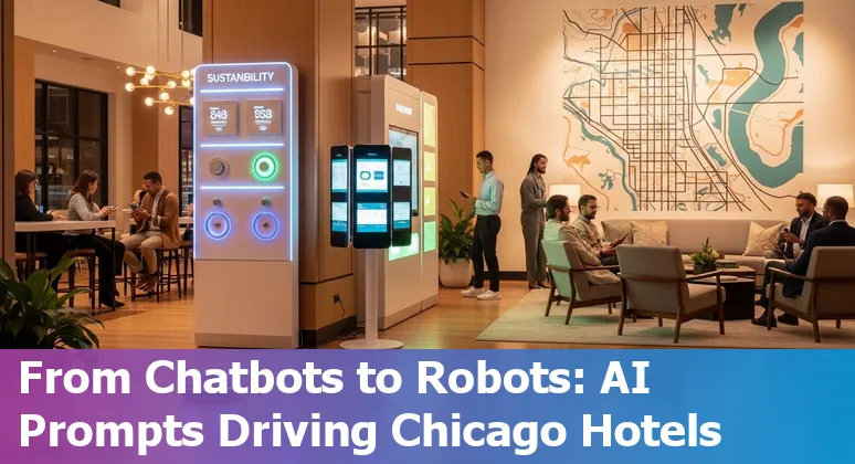 Hotel front desk tablet showing AI chatbot and Chicago skyline, representing AI use cases in hospitality.