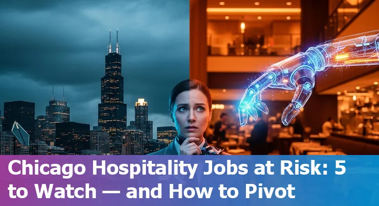 Chicago skyline with hotel lobby, restaurant host, robot vacuum, and concierge representing AI's impact on hospitality jobs.