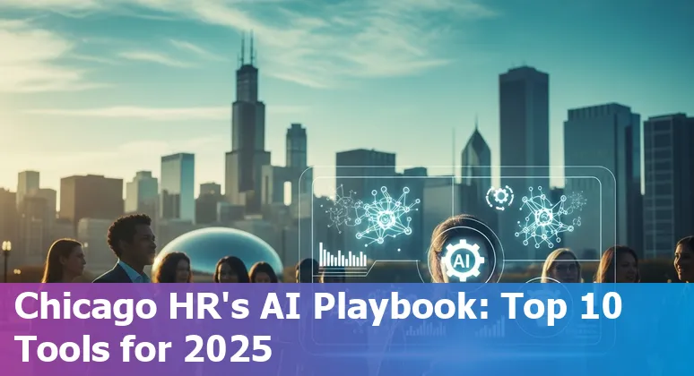 Row of AI tool logos for HR on a Chicago skyline background.