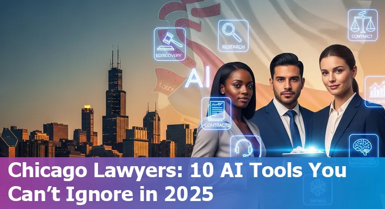 Collage of AI tools logos over Chicago skyline with courtroom and law firm icons.