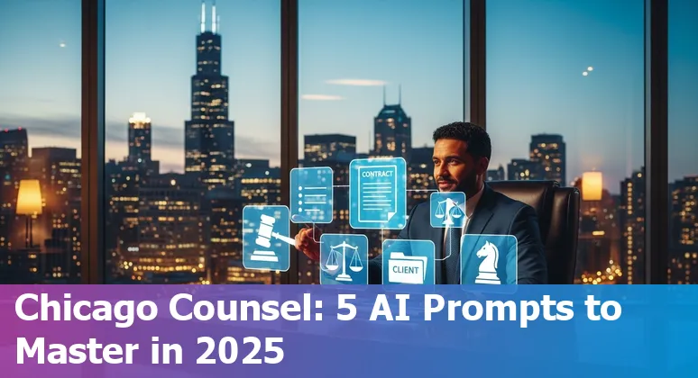 Chicago attorney using AI prompts on a laptop with Illinois legal books on a desk.