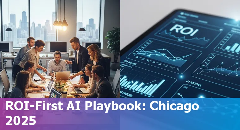 Marketing team using AI tools in an office with Chicago, Illinois skyline visible, symbolizing AI for marketers in Chicago, Illinois.