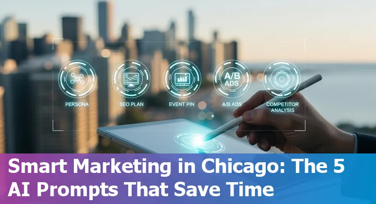 Chicago marketer using AI prompts on a laptop with Chicago skyline in background