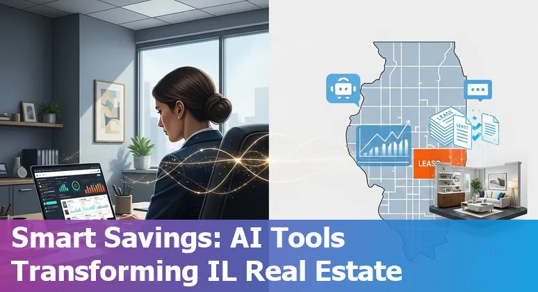 AI-powered property management dashboard showing Chicago skyline, Illinois, with AI icons and cost-savings metrics