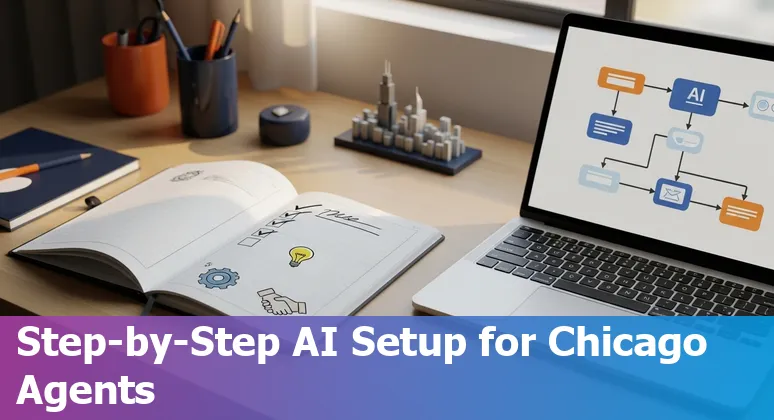 Chicago 2025 real estate AI guide showing skyline, AI icons, and Chicago, Illinois landmarks
