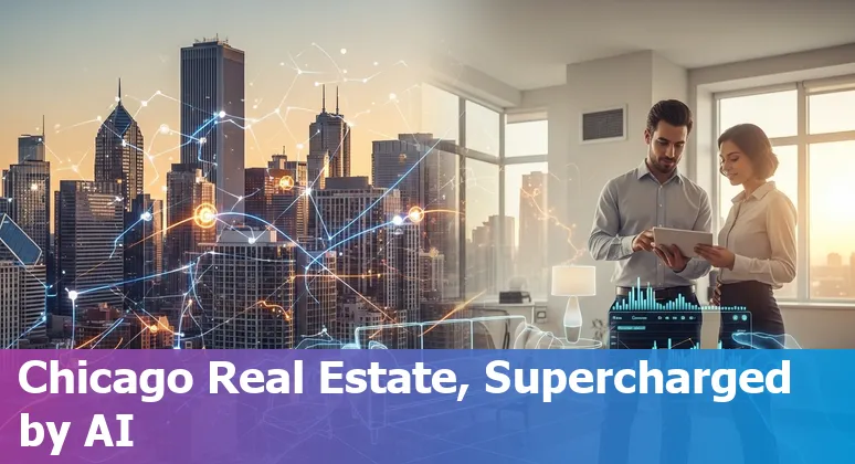 Chicago skyline with real estate AI icons: virtual tour, valuation chart, chatbot.