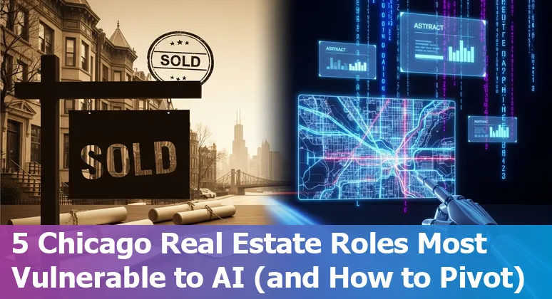 Illustration of Chicago skyline with real estate job icons and AI symbols showing automation risk.