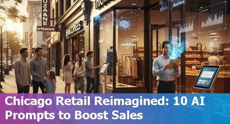 Chicago retail storefront with AI overlays showing personalization, inventory, and delivery icons.