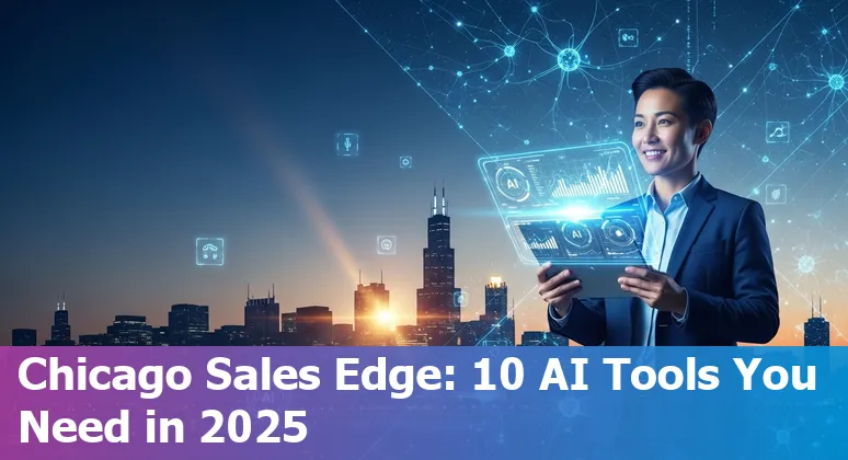 Sales professional using AI tools in Chicago skyline office, overlay icons for Salesforce, Gong, Outreach, Sprout Social.