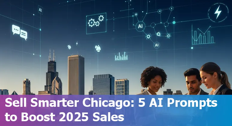 Sales professional using AI prompts on laptop with Chicago skyline in background