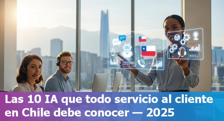 Icons of top AI customer service tools with Chilean flag and chat interface.