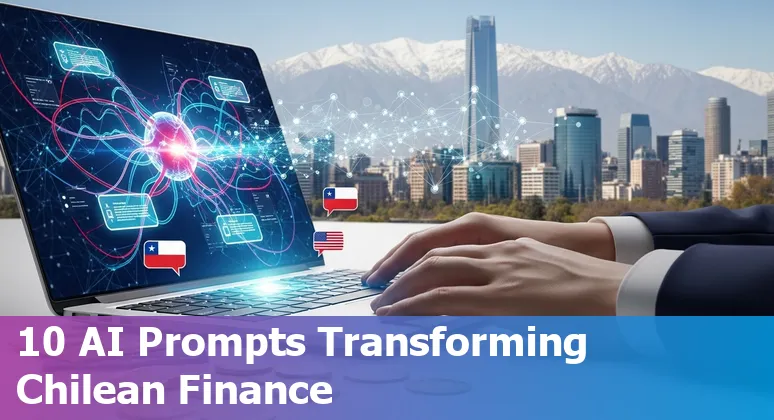 Illustration of Chilean banking icons, AI prompts, CMF documents and IPSA charts representing AI use cases in Chilean financial services