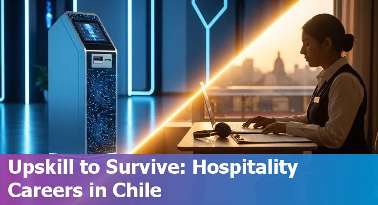 Hotel front desk staff in Chile collaborating with AI-driven kiosk and CRM on a tablet