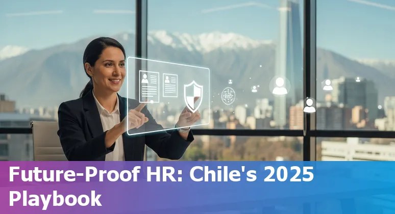 Illustration of AI tools and HR professionals collaborating in a Chile office, representing AI and HR transformation in Chile.