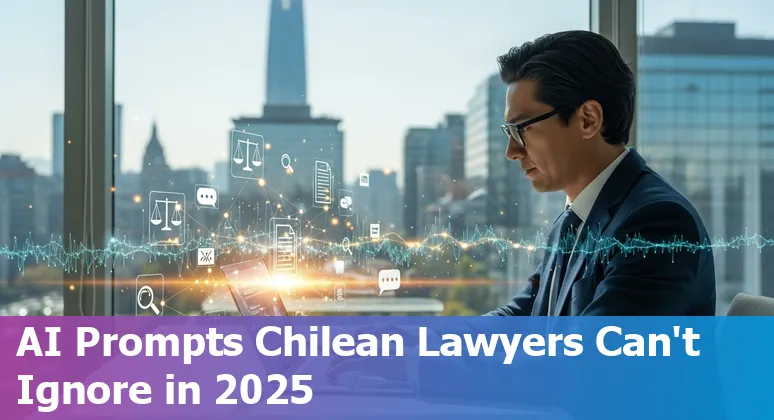 Illustration of a Chilean lawyer using AI prompts on laptop with icons for contracts, courts, regulators, and client chat