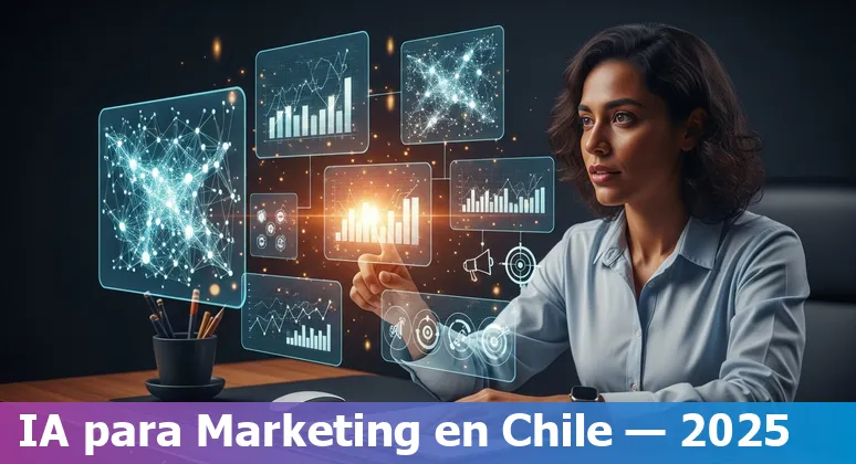 Marketing professional using AI tools in Chile in 2025, showing data dashboards and local vendors