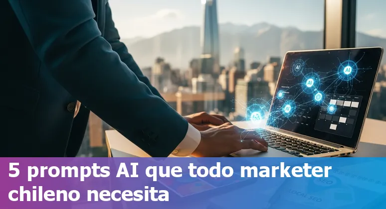 Illustration of a Chilean marketing team using AI prompts on laptop showing personas, local SEO and social calendar