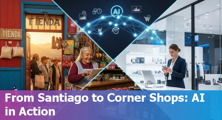Chilean retail AI concepts: product recommendations, inventory map, WhatsApp chatbot on a phone with Santiago skyline