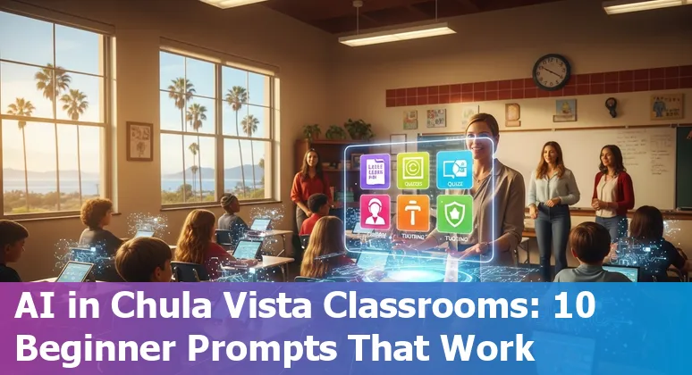 Chula Vista teachers and administrators discussing AI use cases on a laptop with school campus in background.