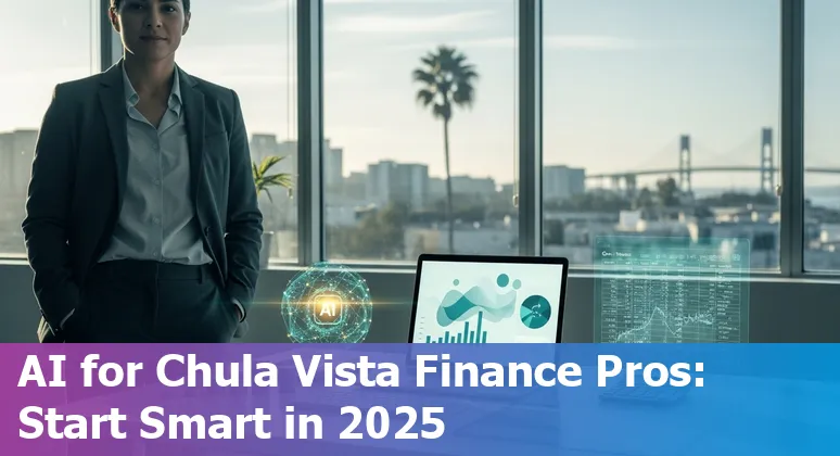 Finance professional using AI tools in Chula Vista, California, with a visual of local tax 8.75% reminder