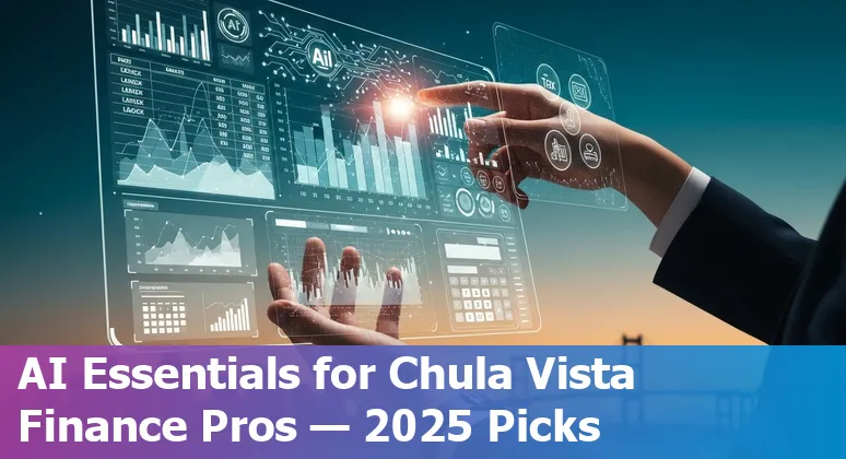 Illustration of finance professional using AI tools on a laptop with Chula Vista map marker