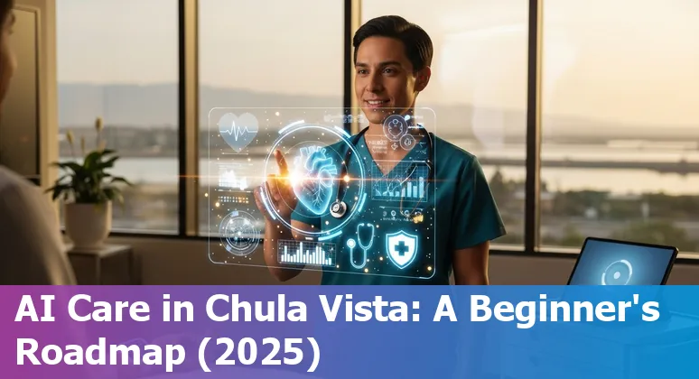 Illustration of AI in healthcare with Chula Vista, California skyline, showing clinicians and data streams.