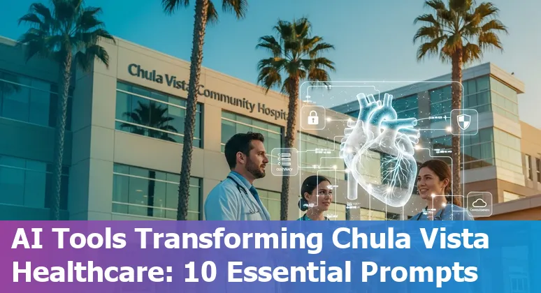Healthcare worker using AI-assisted tablet in a Chula Vista clinic, showing prompts and compliance checklist.