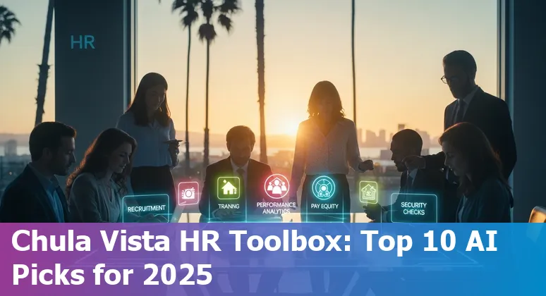 HR professional in Chula Vista reviewing top AI tools for hiring, learning, and workforce planning on a laptop.