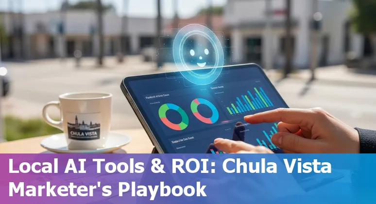 Marketing professional using AI tools in Chula Vista, California skyline backdrop, 2025