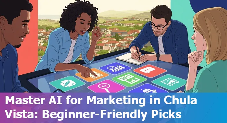 Collage of AI marketing tools logos (GPT-4, Jasper, Surfer SEO, Canva, Drift) overlaid on a Chula Vista city map background.