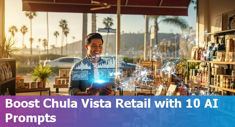 Retail store manager in Chula Vista using AI prompts on a laptop to optimize inventory and personalize offers.