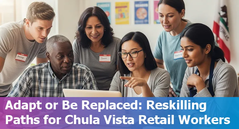 Chula Vista retail workers learning digital skills in a community classroom with retail stores in the background.