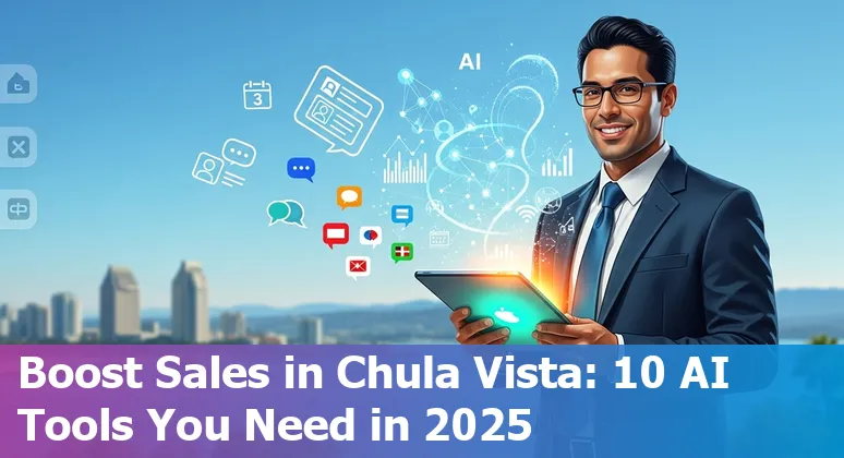 Sales professional using AI tools on a laptop with Chula Vista skyline and REimagine! conference banner in background