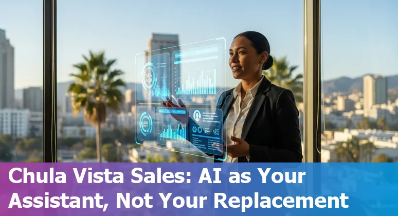 Sales team using AI tools in Chula Vista, California office — laptop screens showing CRM and AI assistant