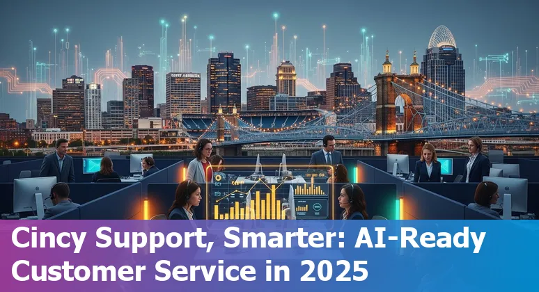 Customer service professional using AI tools in Cincinnati, Ohio office with University of Cincinnati skyline