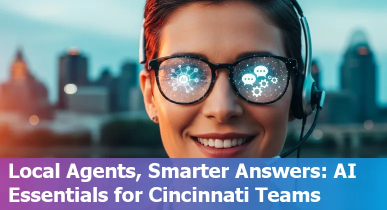 Cincinnati customer service professional using AI tools with 1819 Innovation Hub skyline in background