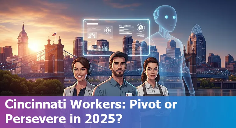 Customer service representative using AI tools at a Cincinnati, Ohio office with skyline visible in background
