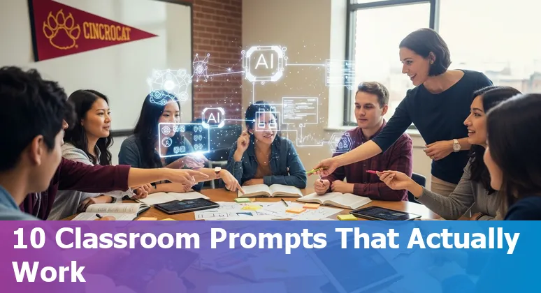 Teacher and students using AI tools in a Cincinnati classroom with University of Cincinnati skyline in background