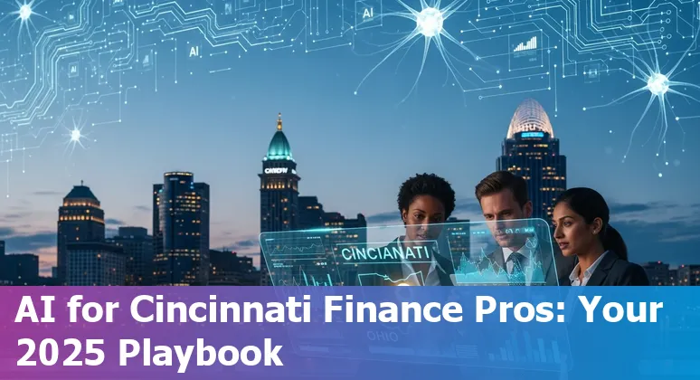Finance professional using AI tools at a Cincinnati, Ohio office with Union Hall visible — guide to AI for Cincinnati in 2025.
