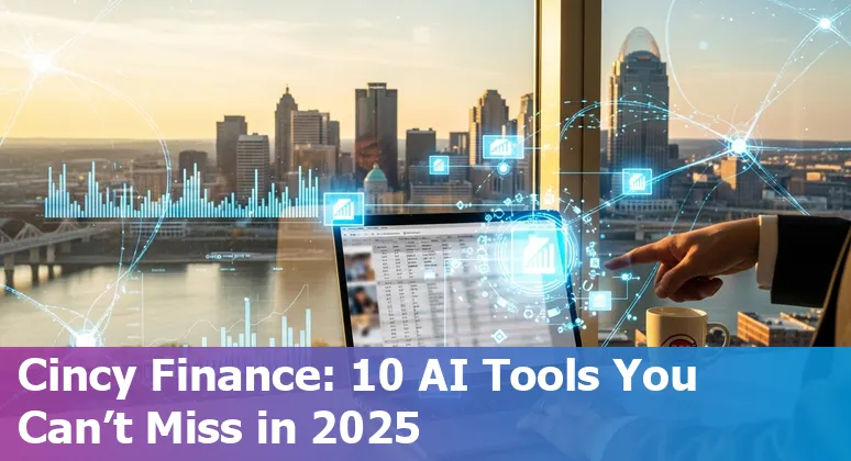 Finance professional in Cincinnati reviewing AI-powered Excel dashboard on a laptop with Cincinnati skyline in background