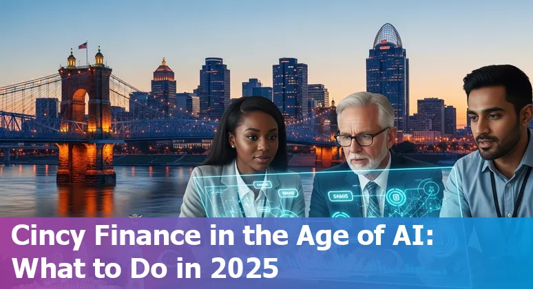 Finance professional using AI tools on laptop in Cincinnati, Ohio skyline background