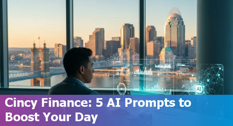Finance professional using AI prompts on a laptop with Cincinnati skyline in background