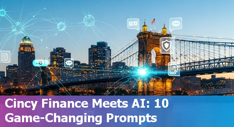 Illustration of AI in Cincinnati finance: chatbot, fraud detection, loan decisioning and local skyline.