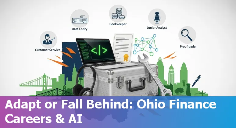 Cincinnati skyline with finance icons and AI overlay representing jobs at risk and reskilling paths