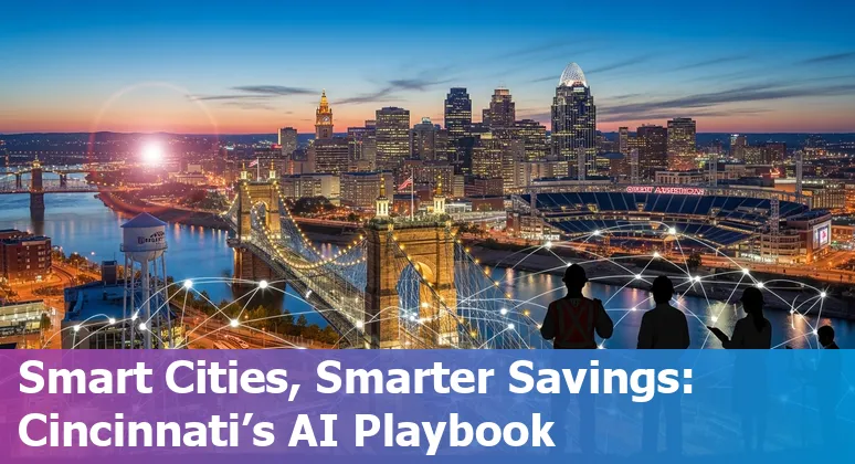 Cincinnati, Ohio cityscape with smart infrastructure icons showing AI improving government efficiency in Cincinnati, OH.