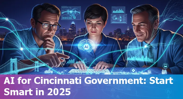 City hall with AI icons overlay and Cincinnati, Ohio skyline — guide to AI in Cincinnati, Ohio government 2025.